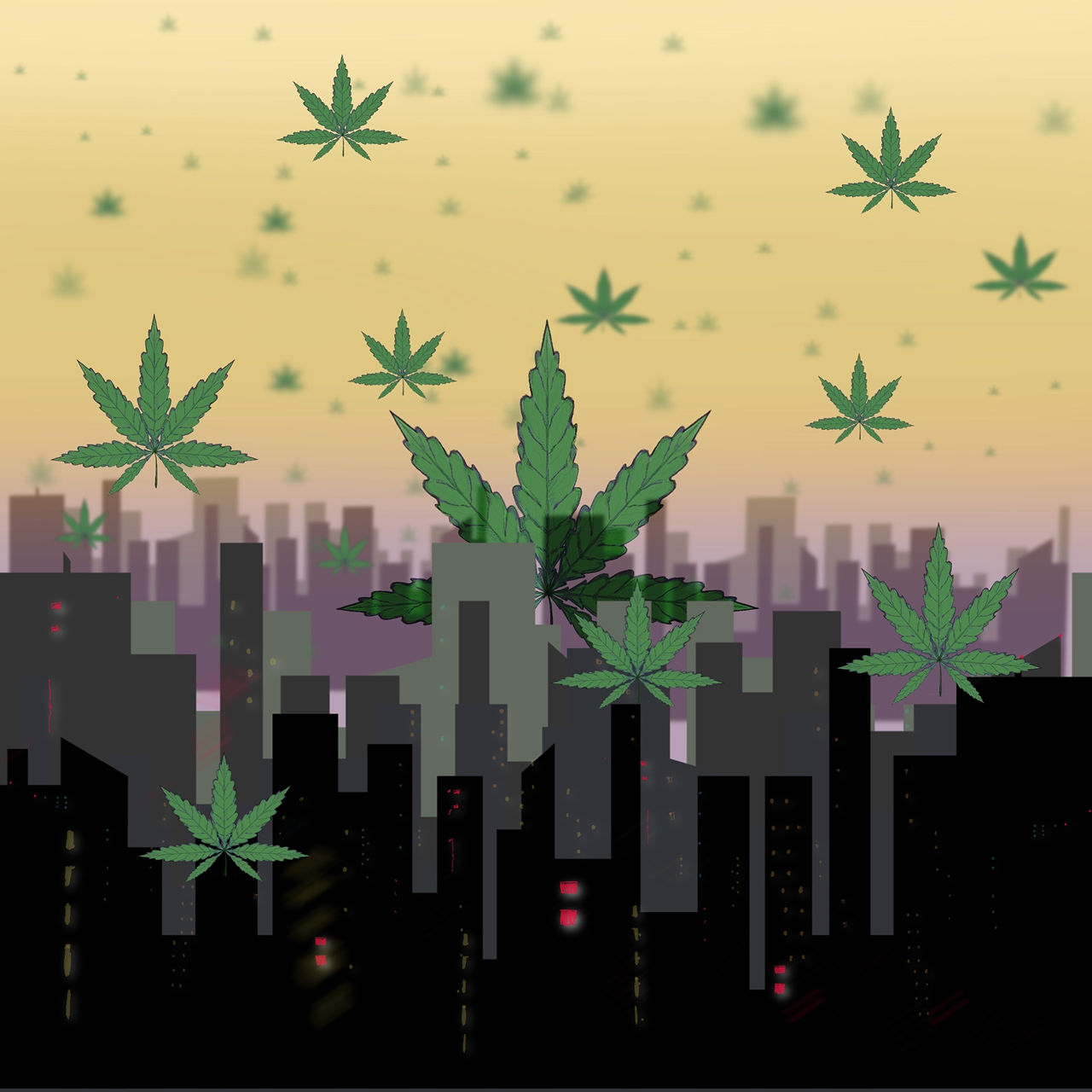 City silhouettes with floating pot leaves